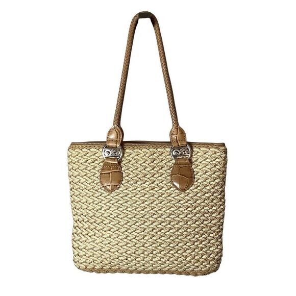 Brighton Eva Straw Tote Purse Leather Handles Shoulder Bag Sand-Pearl - Picture 2 of 9